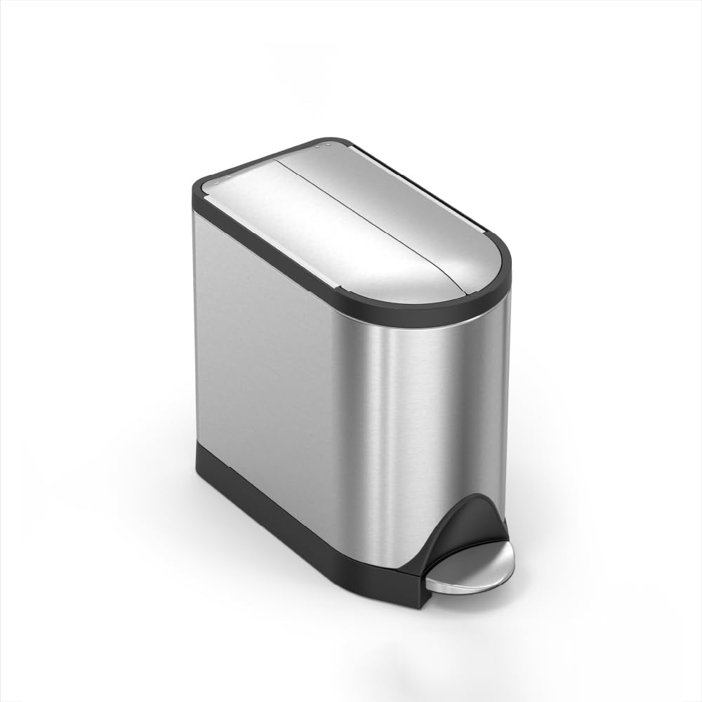 simplehuman butterfly lid bathroom trash can front view, space-saving design for tight spaces.
