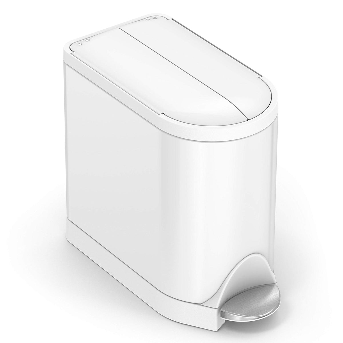 simplehuman Butterfly Step Can with low-clearance lid, ideal for tight bathrooms.