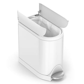 simplehuman Butterfly Step Can slim profile fits between vanity and wall.