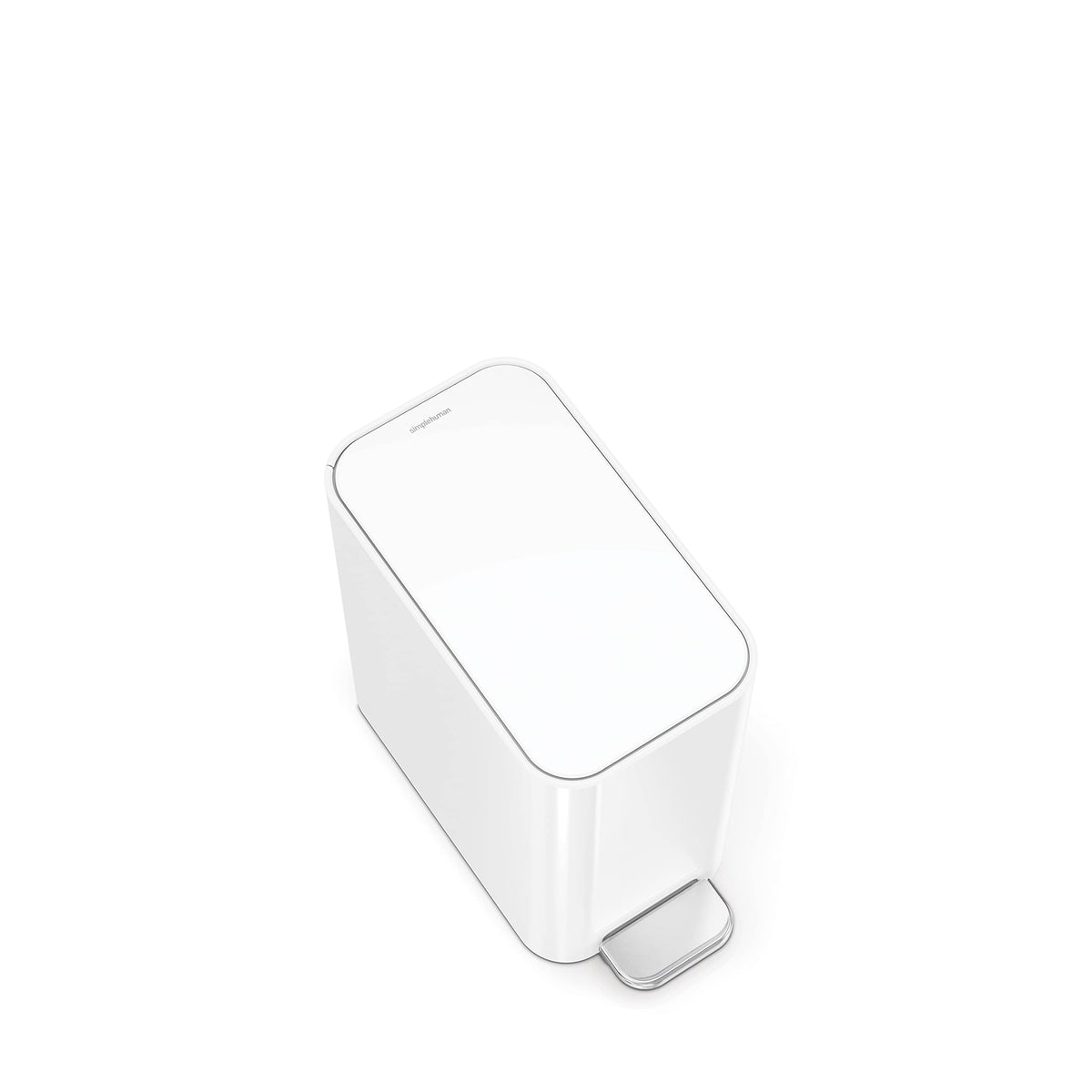 simplehuman internal hinge lets the lid open flush against the wall.