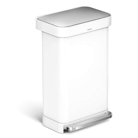 simplehuman kitchen trash can lid-closed in white stainless steel keeps odors contained.