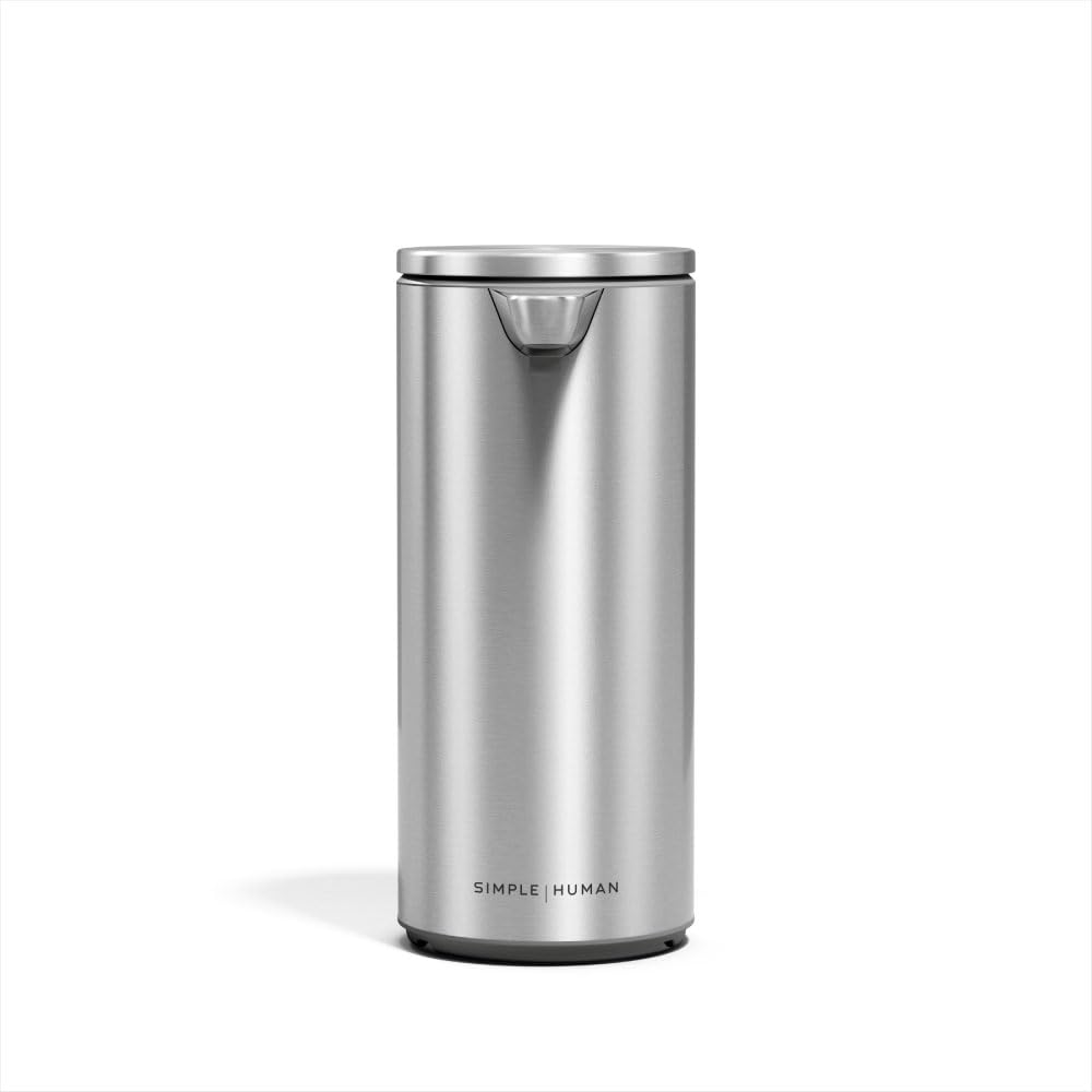 Simplehuman liquid sensor pump front view in brushed stainless steel for hands free soap