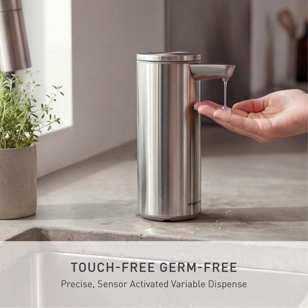 Simplehuman sensor pump dispensing soap with motion activation for touchless cleanliness