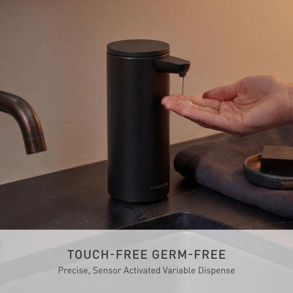 simplehuman liquid sensor pump no-drip spout keeps countertops clean after dispense.