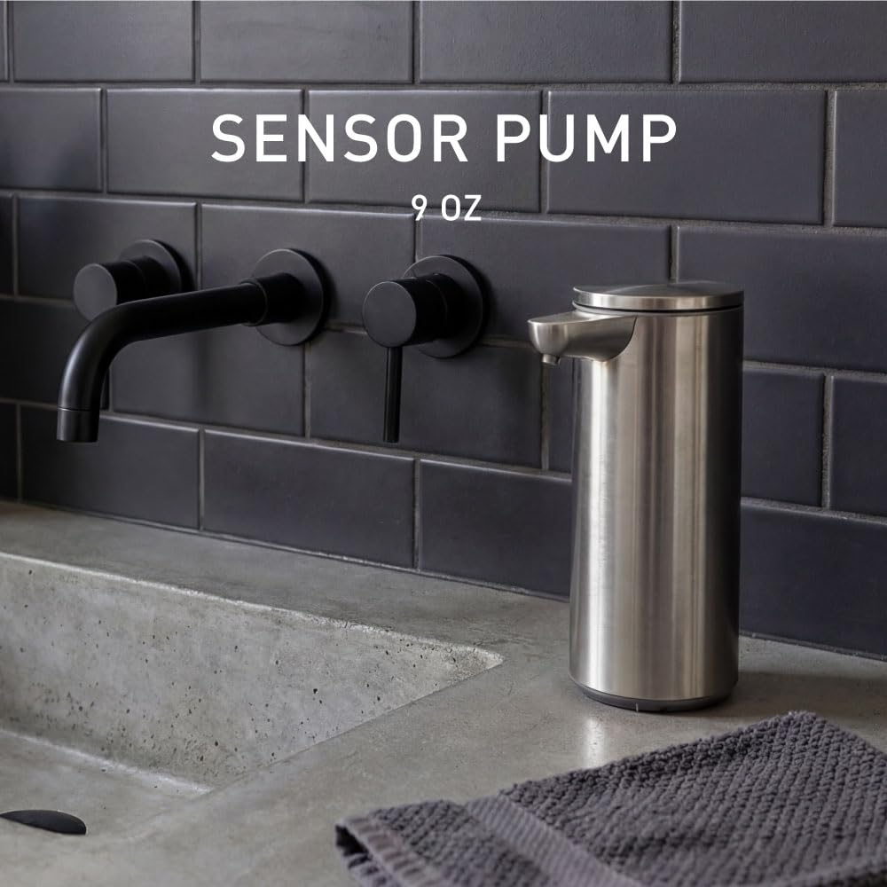 Simplehuman pump side view in brushed stainless steel showing pour nozzle and drip free design