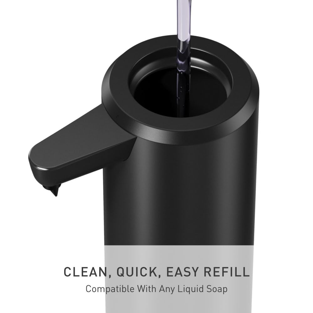 simplehuman liquid sensor pump stainless steel matte black finish resists fingerprints and rust.