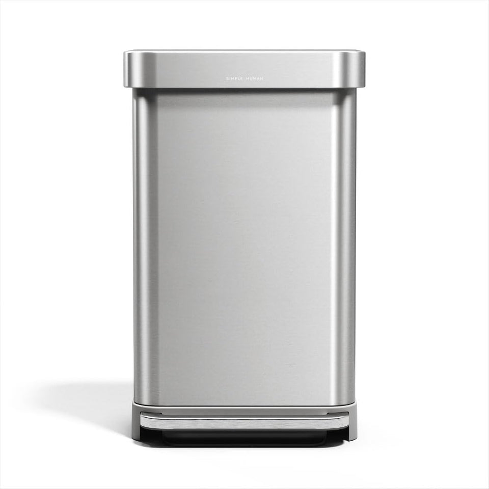 Simplehuman rectangular 45L step can front view; durable and space saving.