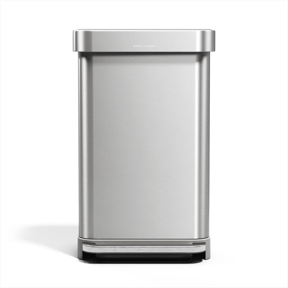 simplehuman rectangular step can front view shows space-saving design for a tidy kitchen.