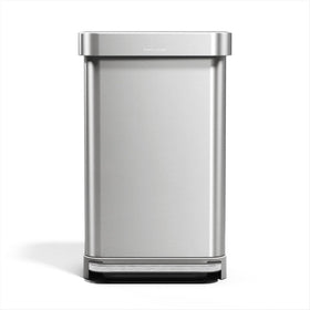 simplehuman rectangular step can front view shows space-saving design for a tidy kitchen.