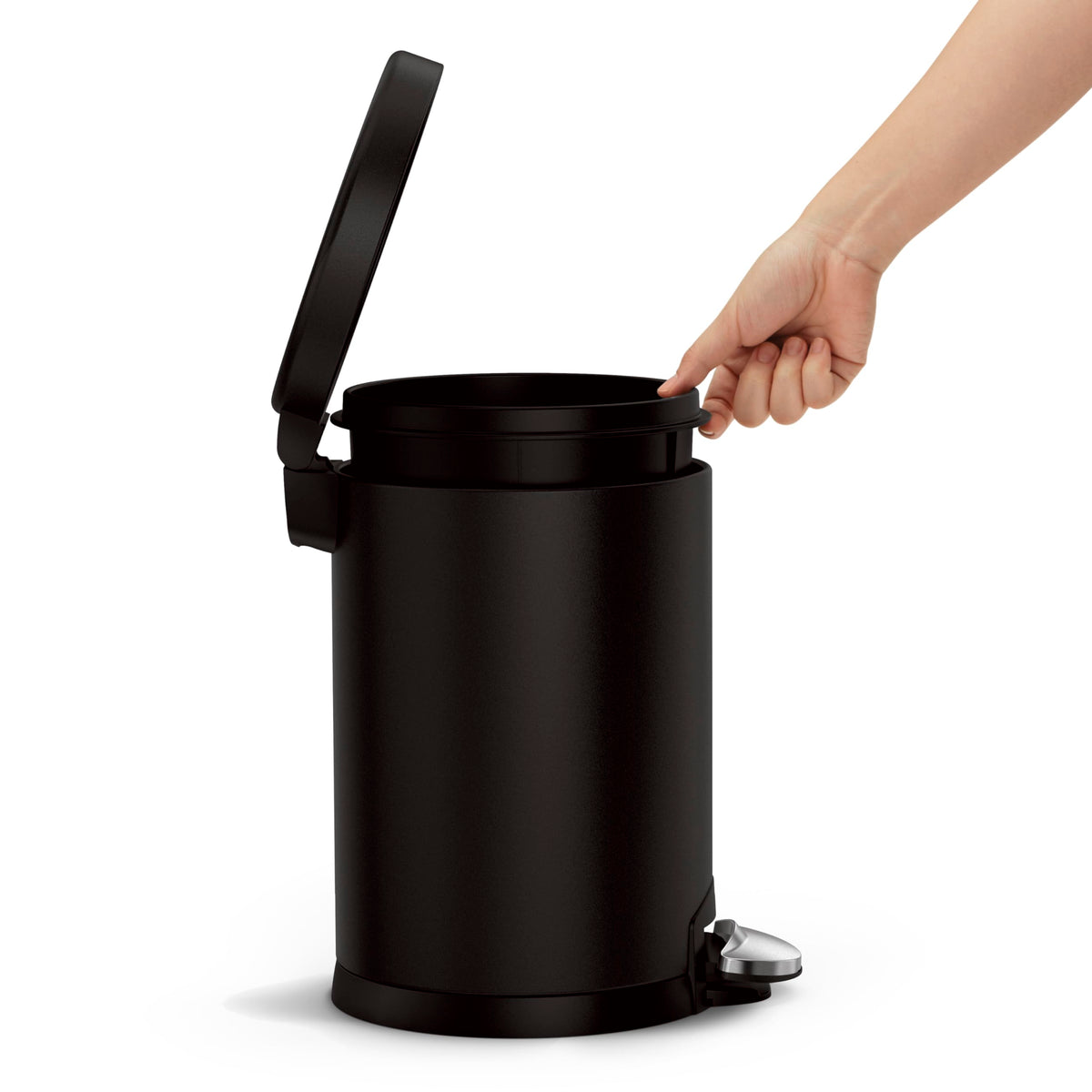 simplehuman Lid Shox silent close in matte black for quiet bathrooms.