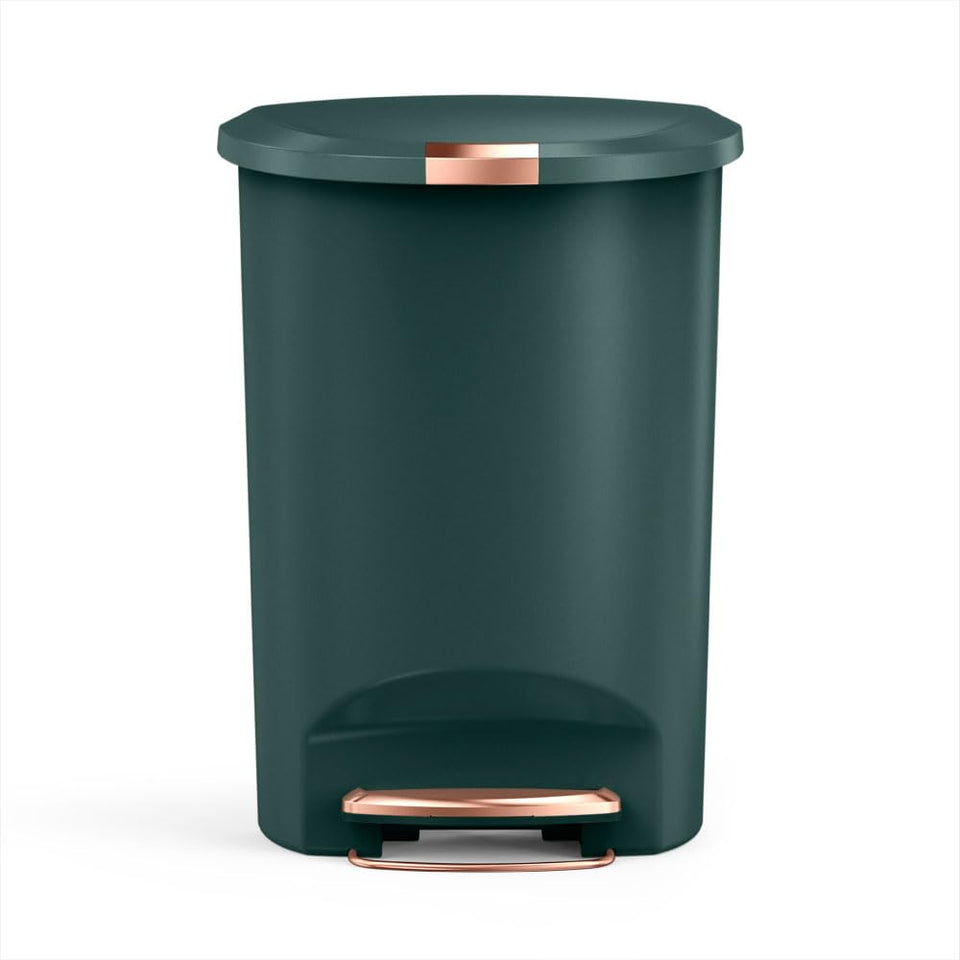 simplehuman semi-round 50L studio edition hunter green designed to sit flush against walls.