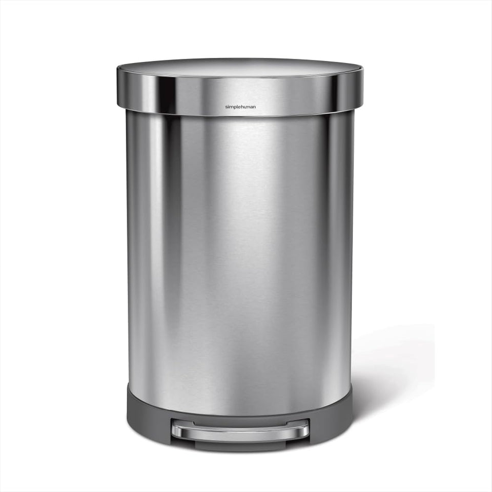 Simplehuman semi-round 60L can front view showing space-saving design for busy kitchens.