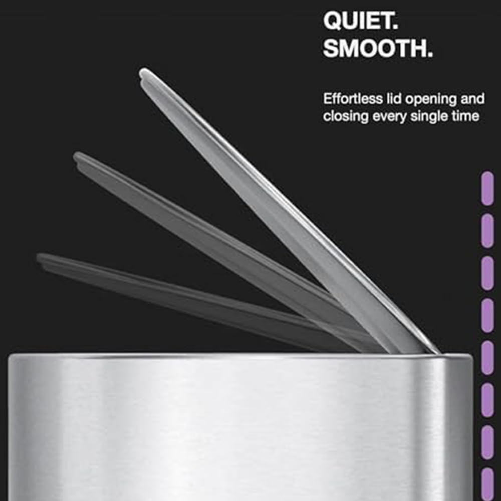 simplehuman 6L can with brushed stainless finish resists fingerprints and water spots.
