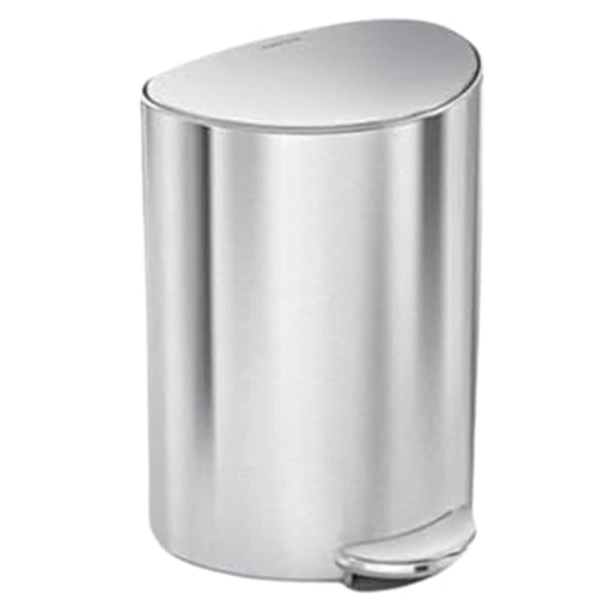 simplehuman 6L semi-round can front view in brushed stainless steel with space-efficient design.