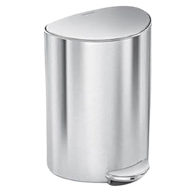simplehuman 6L semi-round can front view in brushed stainless steel with space-efficient design.