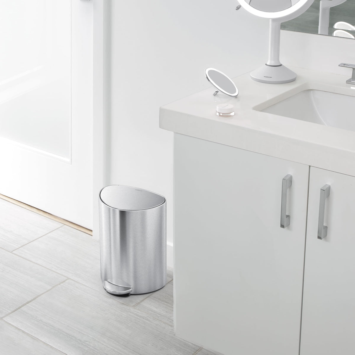simplehuman 6L can with lid-open angle showing soft close for late-night use.