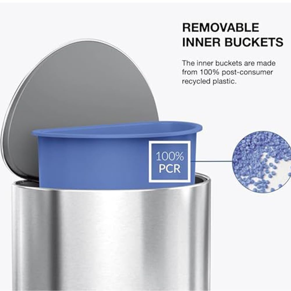 simplehuman removable inner bucket made from 100% recycled plastic for quick disposal.