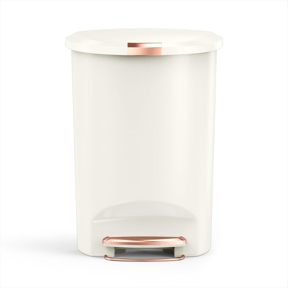 Simplehuman semi-round step can front view in cream, highlighting compact footprint.