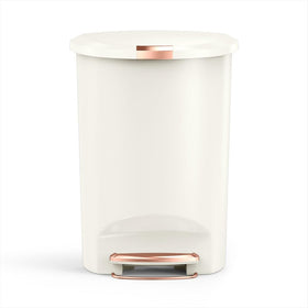 Simplehuman semi-round step can front view in cream, highlighting compact footprint.