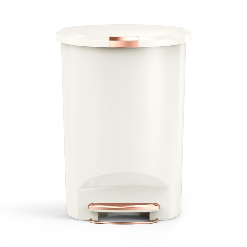 Simplehuman semi-round step can front view in cream, highlighting compact footprint.