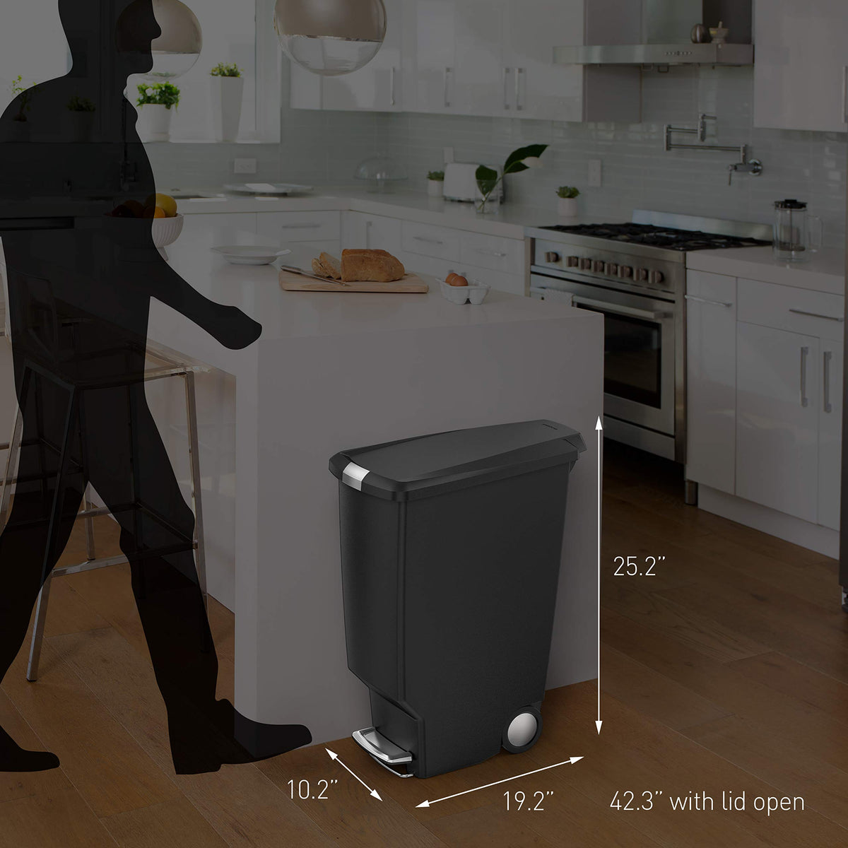 simplehuman slide lock secures the lid to keep pets out.