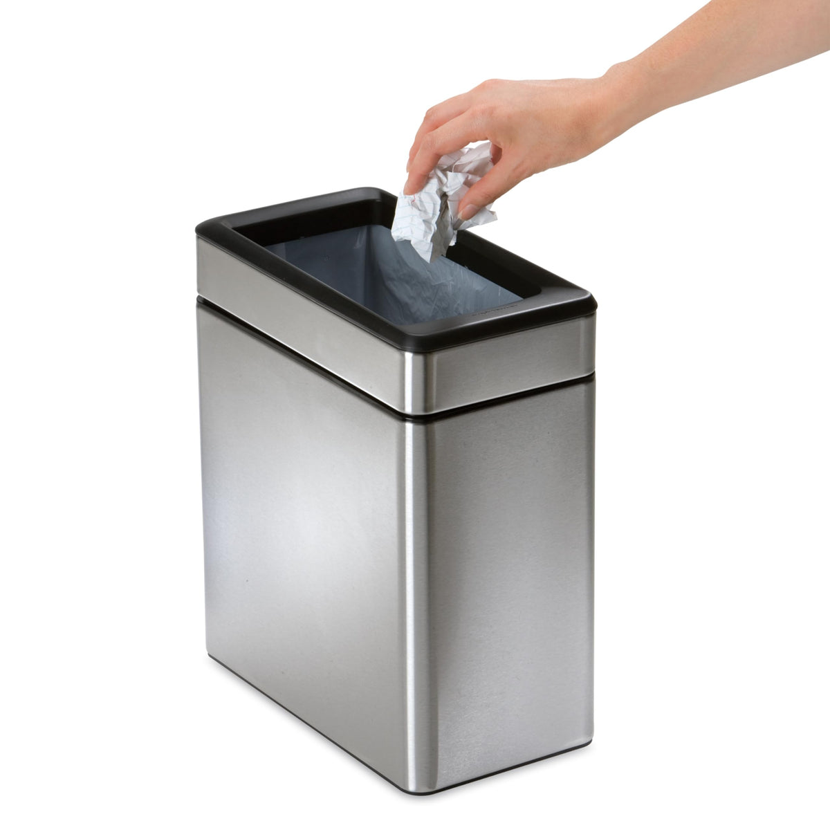 simplehuman Slim Open Can 10L brushed stainless steel finish stays professional.