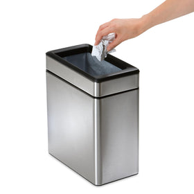 simplehuman Slim Open Can 10L brushed stainless steel finish stays professional.