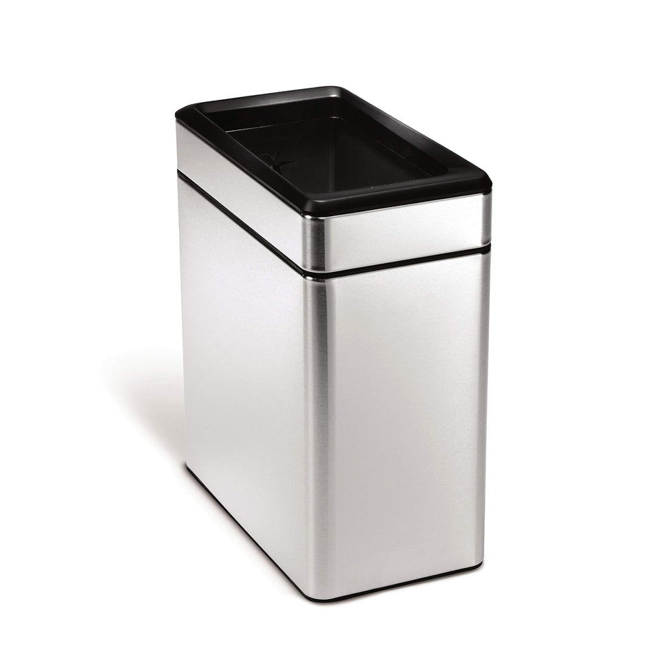 simplehuman Slim Open Can 10L with narrow profile for tight hallways and busy spaces.