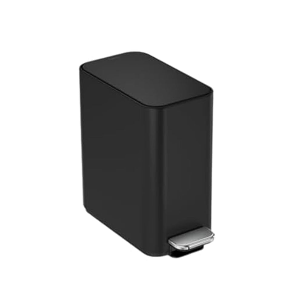 simplehuman Slim Step Can 5L front view showing compact footprint and matte black finish