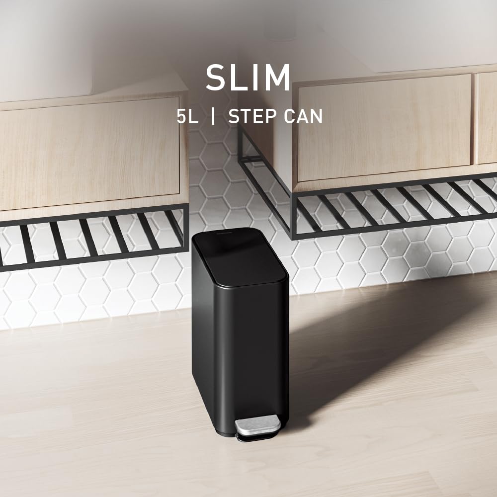 simplehuman Slim Step Can 5L lid Shox close detail illustrating silent closing