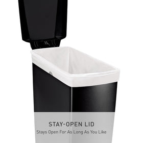 simplehuman slim 40L trash can secure slide lock keeps pets out and spills contained