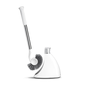 simplehuman toilet brush head close-up showing crescent shape for hard-to-reach rim areas and thorough cleaning
