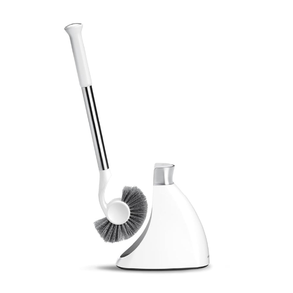 simplehuman toilet brush head close-up showing crescent shape for hard-to-reach rim areas and thorough cleaning