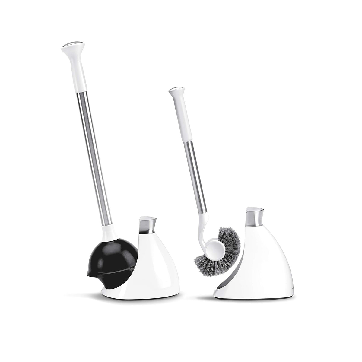 Simplehuman toilet plunger with holder demonstrates a tidy, drip-free setup for bathrooms.