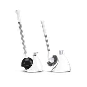 Simplehuman toilet plunger with holder demonstrates a tidy, drip-free setup for bathrooms.