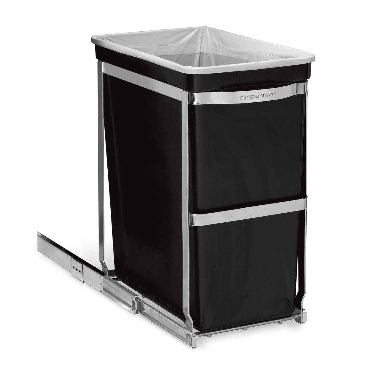 simplehuman under-counter pull-out can front view showing hidden trash for a cleaner kitchen
