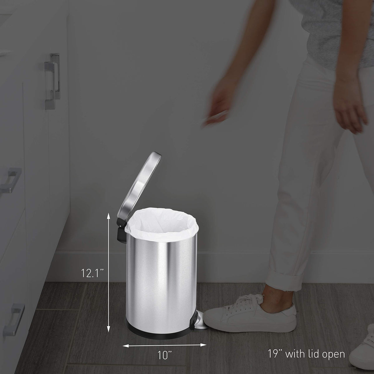 simplehuman white steel finish complements modern bathrooms and small spaces