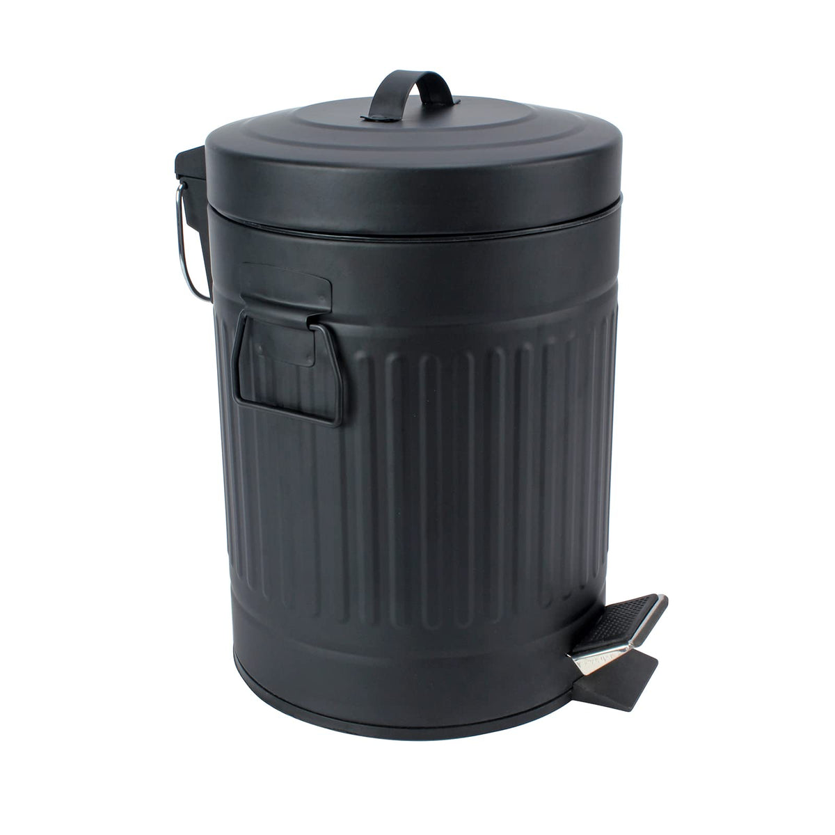 SIMPLEMADE Round Step Trash Can with lid in black stainless steel for clean spaces.