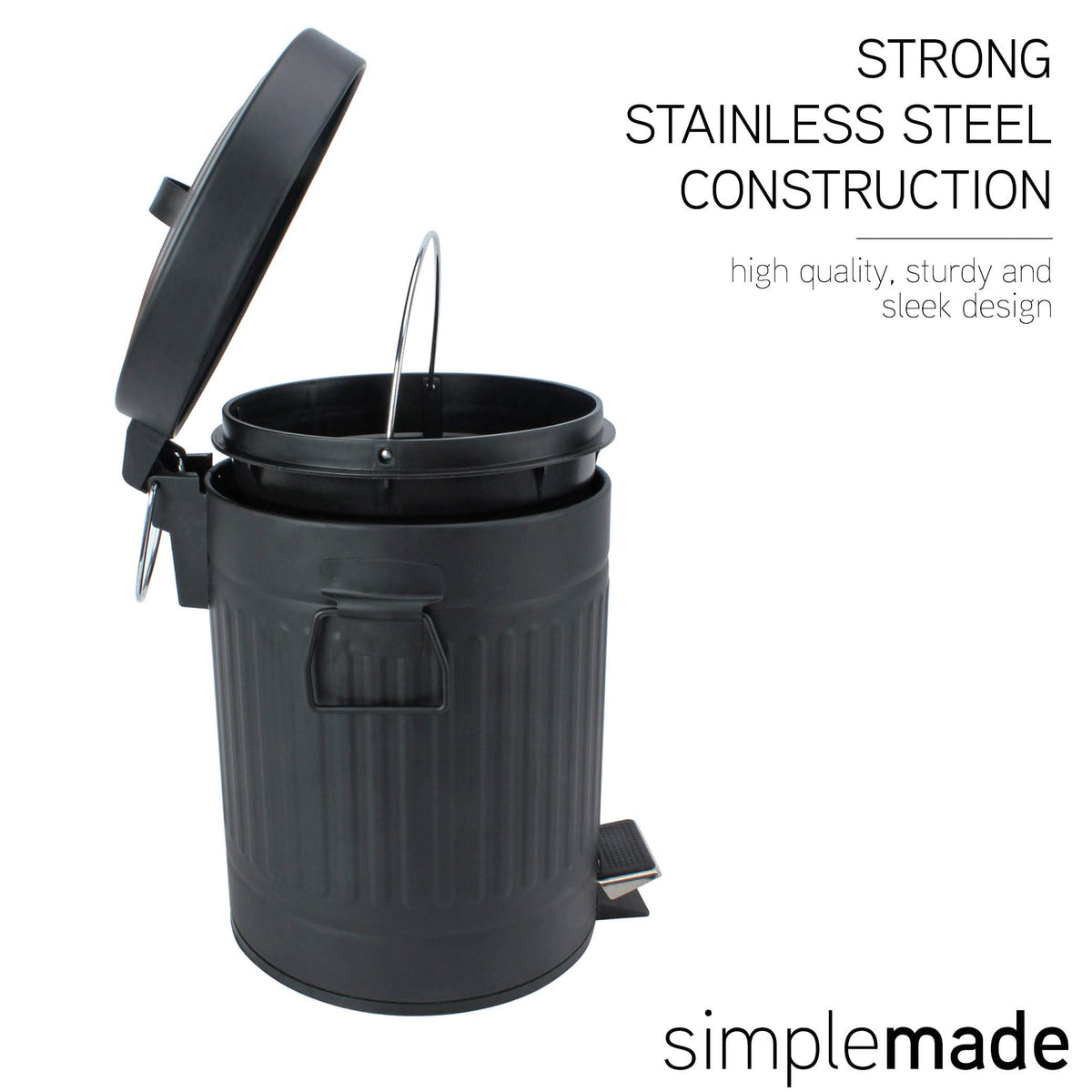 SIMPLEMADE round trash can features removable inner barrel for easy disposal.