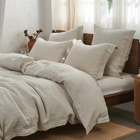 Simple&Opulence embroidery on washed linen duvet cover adds refined farmhouse appeal.
