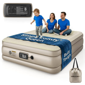 Simpli Comfy 18-inch raised queen bed with built-in pump for quick, quiet inflation.