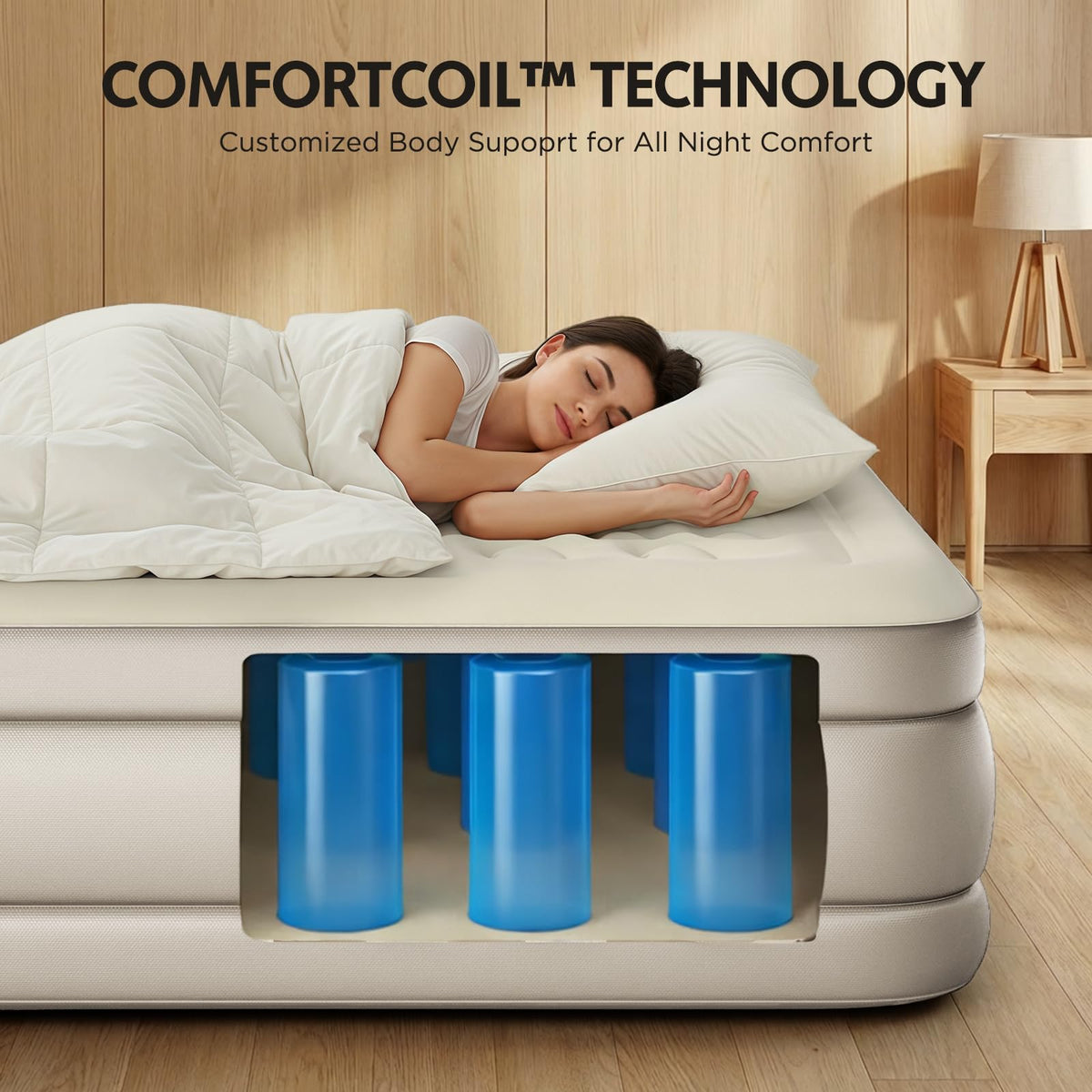 Simpli Comfy 3-minute inflation with a quiet pump for peaceful setup.