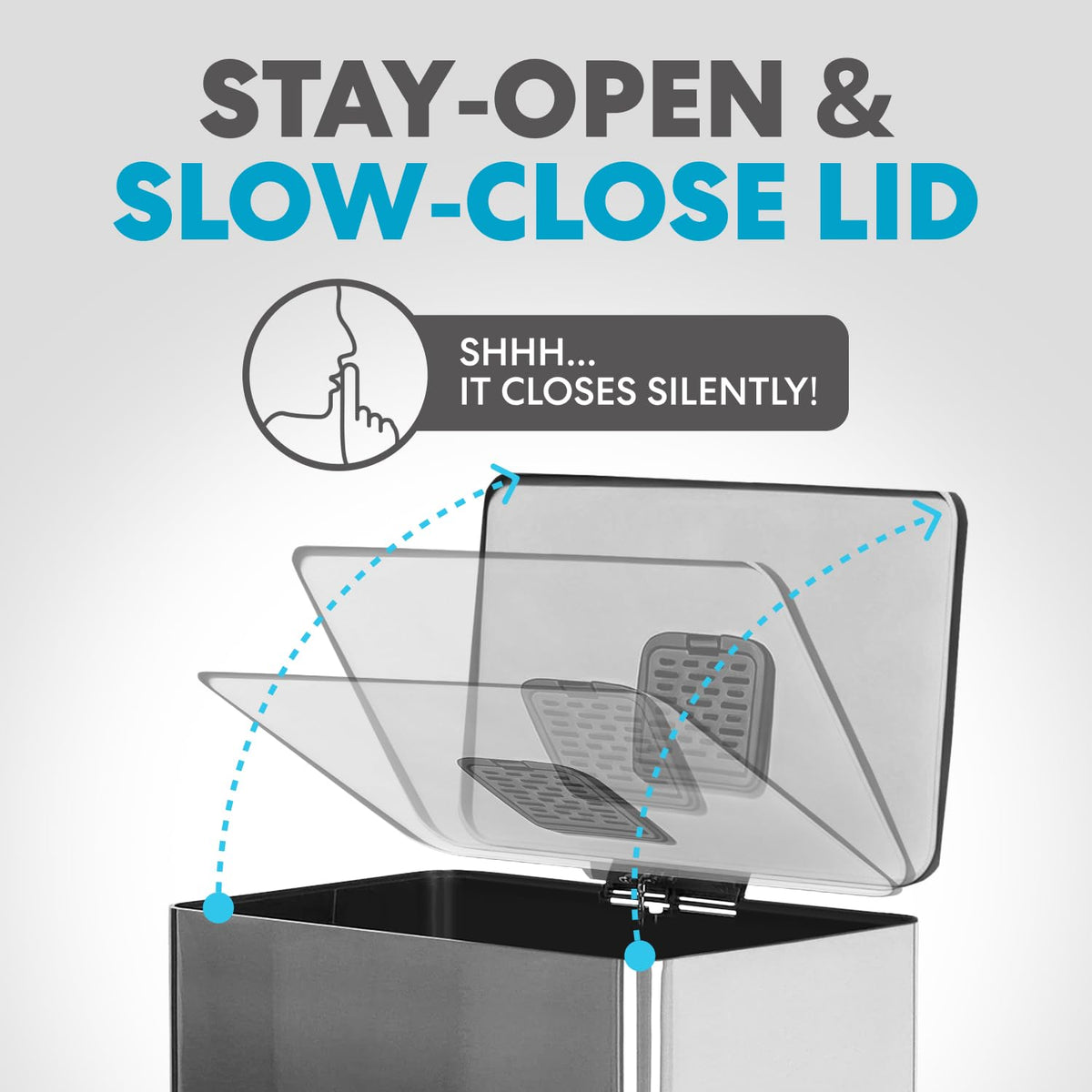 SIMPLI-MAGIC 50L trash can with quiet-close lid reduces noise