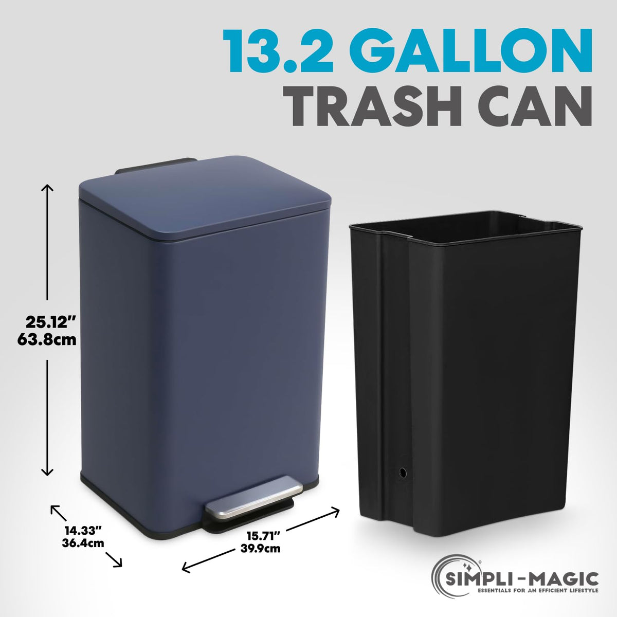 SIMPLI-MAGIC 50L trash can side profile highlighting slim kitchen footprint.
