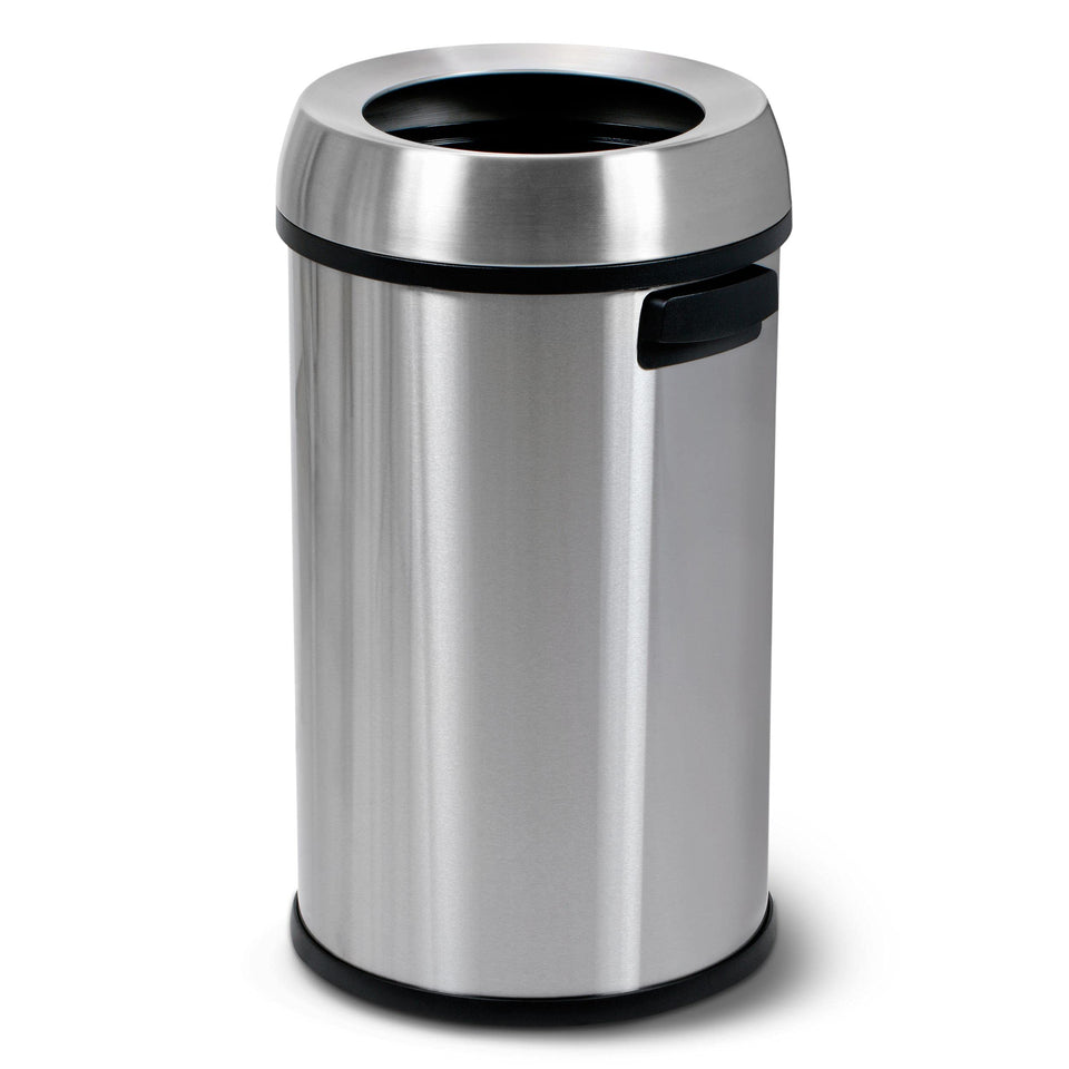 SIMPLI-MAGIC 65L open-top trash can front view, durable stainless steel for busy spaces.