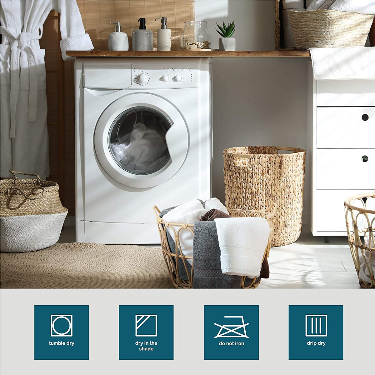 SIMPLI-MAGIC towels in laundry setup illustrating durability and care