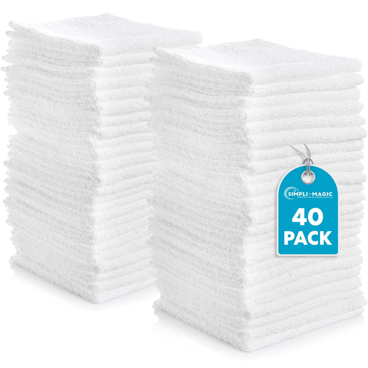SIMPLI-MAGIC Cotton Washcloths white 40-pack, 12x12 inches, soft and strong for everyday use.