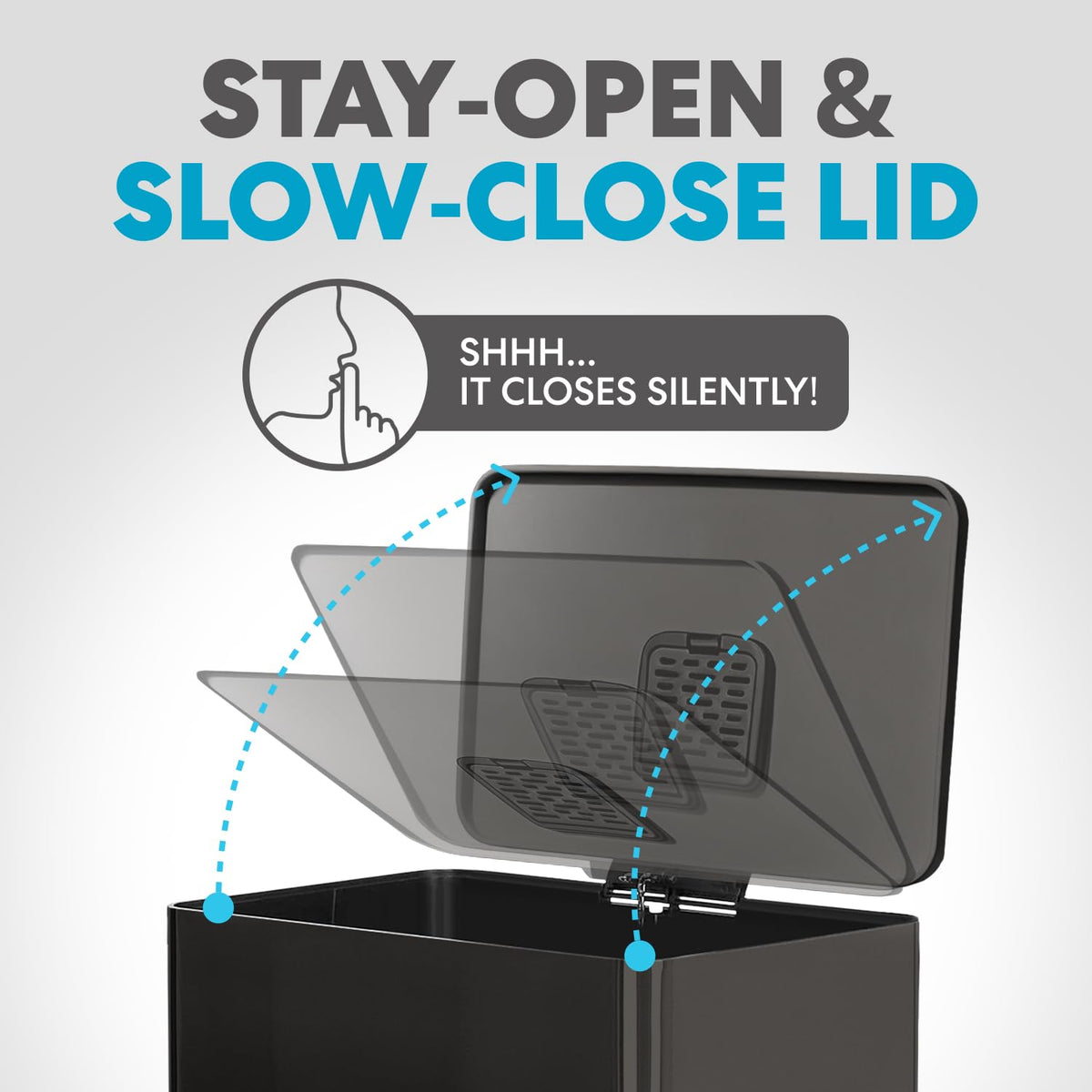 Simpli-Magic removable liner and stay-open lid aid quick bag changes.