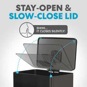 Simpli-Magic removable liner and stay-open lid aid quick bag changes.