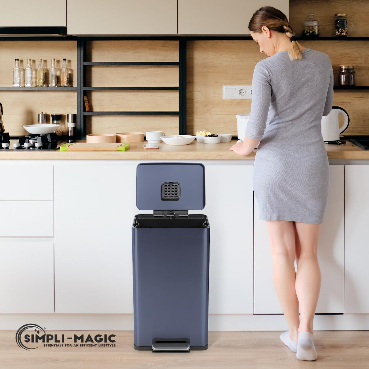 SIMPLI-MAGIC 50L design fits standard bags and stays neat against walls.
